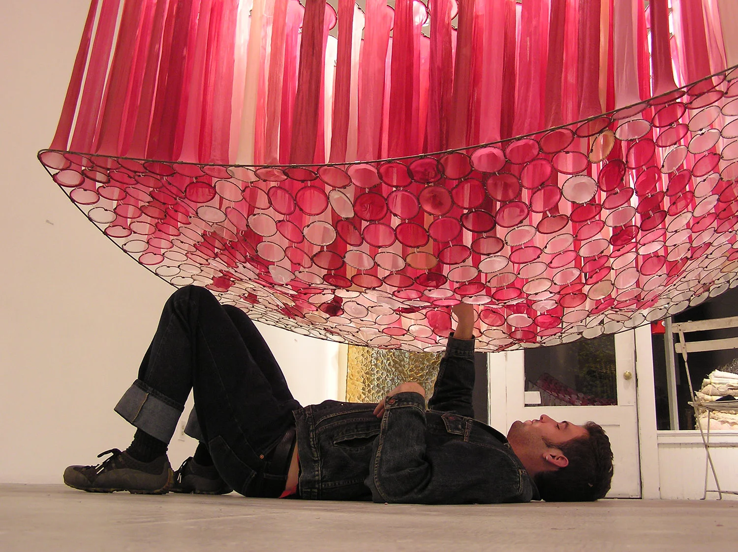in between: sheets, strings and membranes nylons, steel frame, sewing thread, plastic ties, 7'x5'x5', 2004