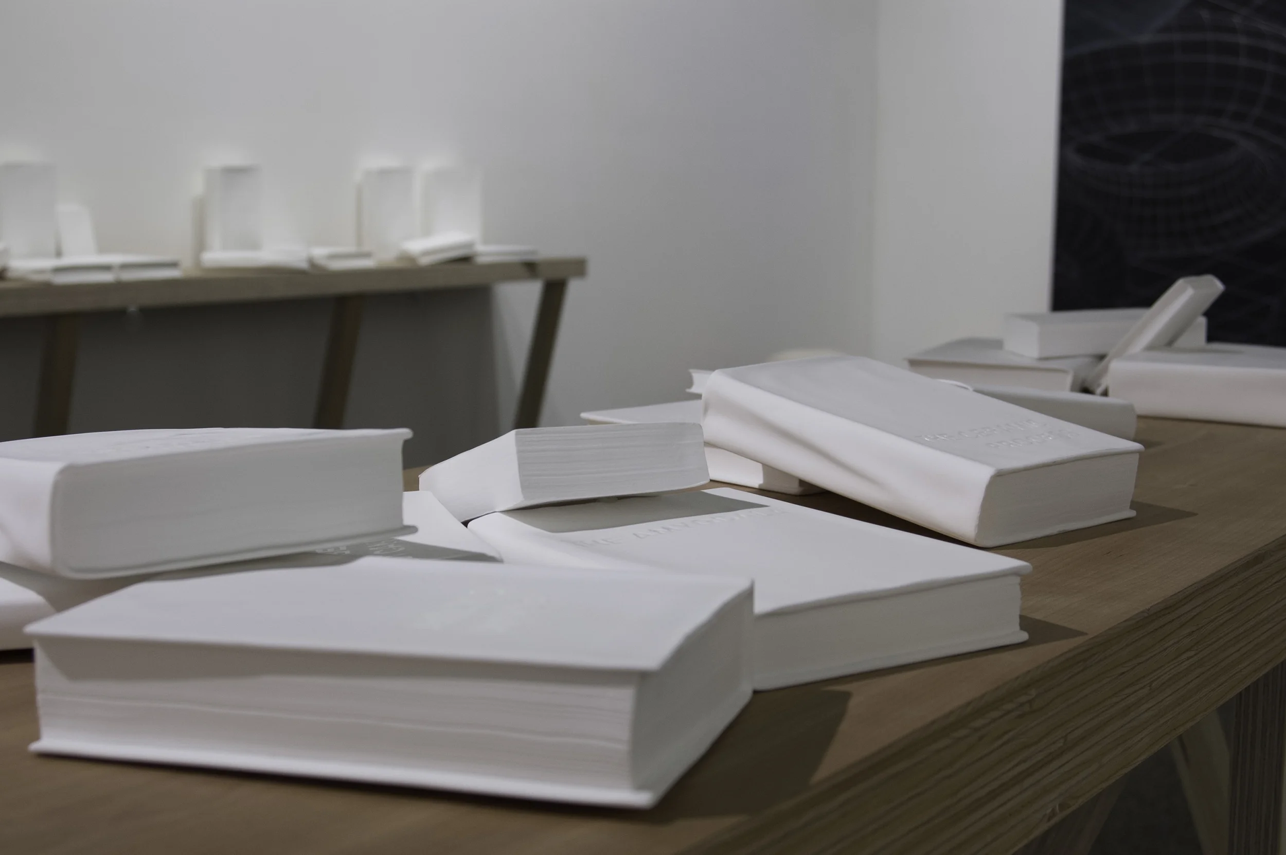 parlor games: scientia (detail: scientia library) slipcast, carved bone china with glaze