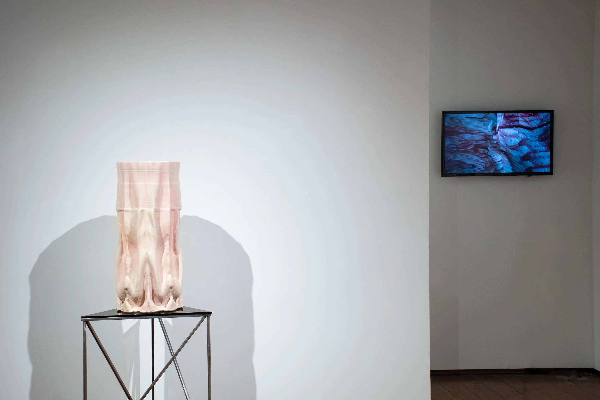  Porcelain sculptures generated in the interactive  Touching Space  Virtual Reality project. 3D printed in porcelain and colored porcelain at MakerHouse Santa Barbara.  Installed in the exhibition,  Interiorizing . November 6 - December 23, 2025 Greg