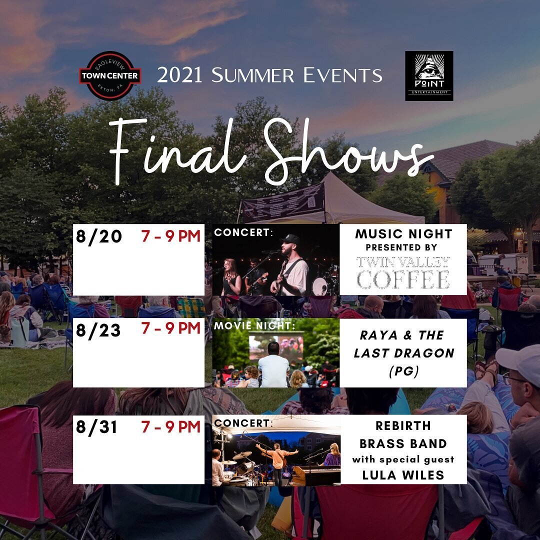 Summer isn&rsquo;t over yet ☀️

Mark your calendar for our final shows of our 2021 summer season 🗓

This Friday, August 20th from 7-9pm @twinvalleycoffee is hosting their first Music Night in Eagleview 🎶

Next Monday, August 23rd at 7pm, don&rsquo;