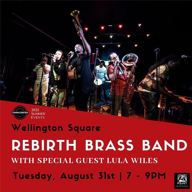 Exactly one week from today meet us in Town Center for our FINAL show of the 2021 Summer Concert Series 🎵

On Tuesday, August 31st from 7 to 9 pm, modern folk rock trio @lulawiles open out the night &amp; Grammy-winning New Orleans natives @rebirthb