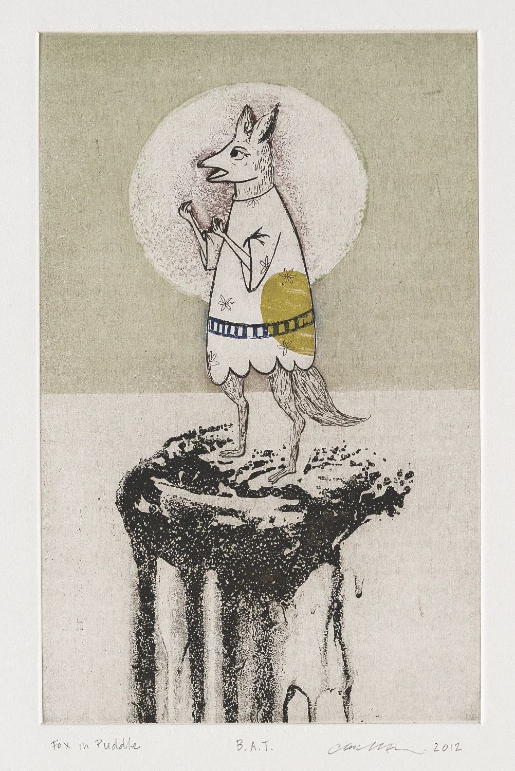 Fox in Puddle 2012 Sugar lift, aquatint, hard ground, spit bite & chine collé element Image: 9" x 6" Sheet 15” x 11” Edition 25