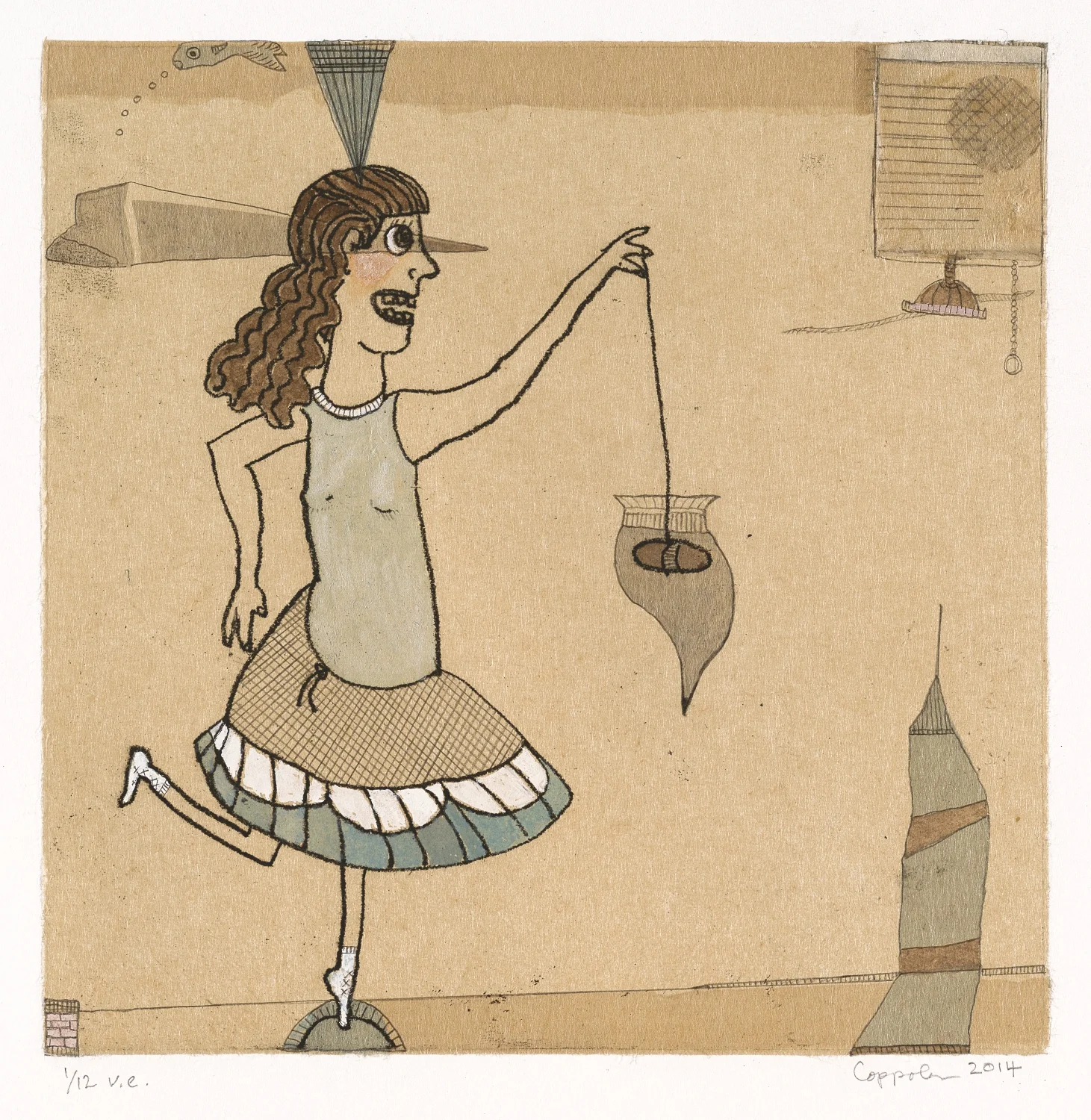 Plumb Bob Girl 1 2014 - 2016 Soft ground, chine collé + handwork Image: 8” x 8” Sheet: 11.25” x 11” Edition 12, varied