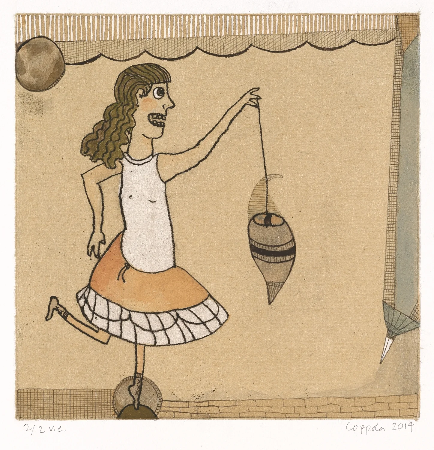 Plumb Bob Girl 2 2014 - 2016 Soft ground, chine collé + handwork Image: 8” x 8” Sheet: 11.25” x 11” Edition 12, varied