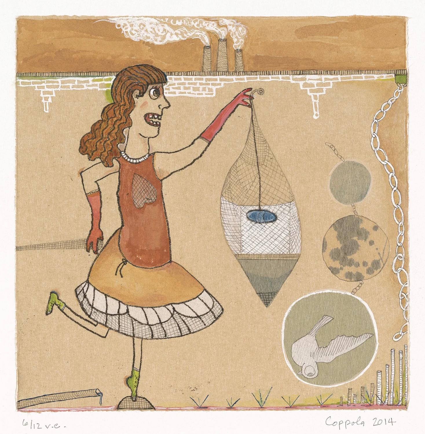 Plumb Bob Girl 6 2014 - 2016 Soft ground, chine collé + handwork Image: 8” x 8” Sheet: 11.25” x 11” Edition 12, varied