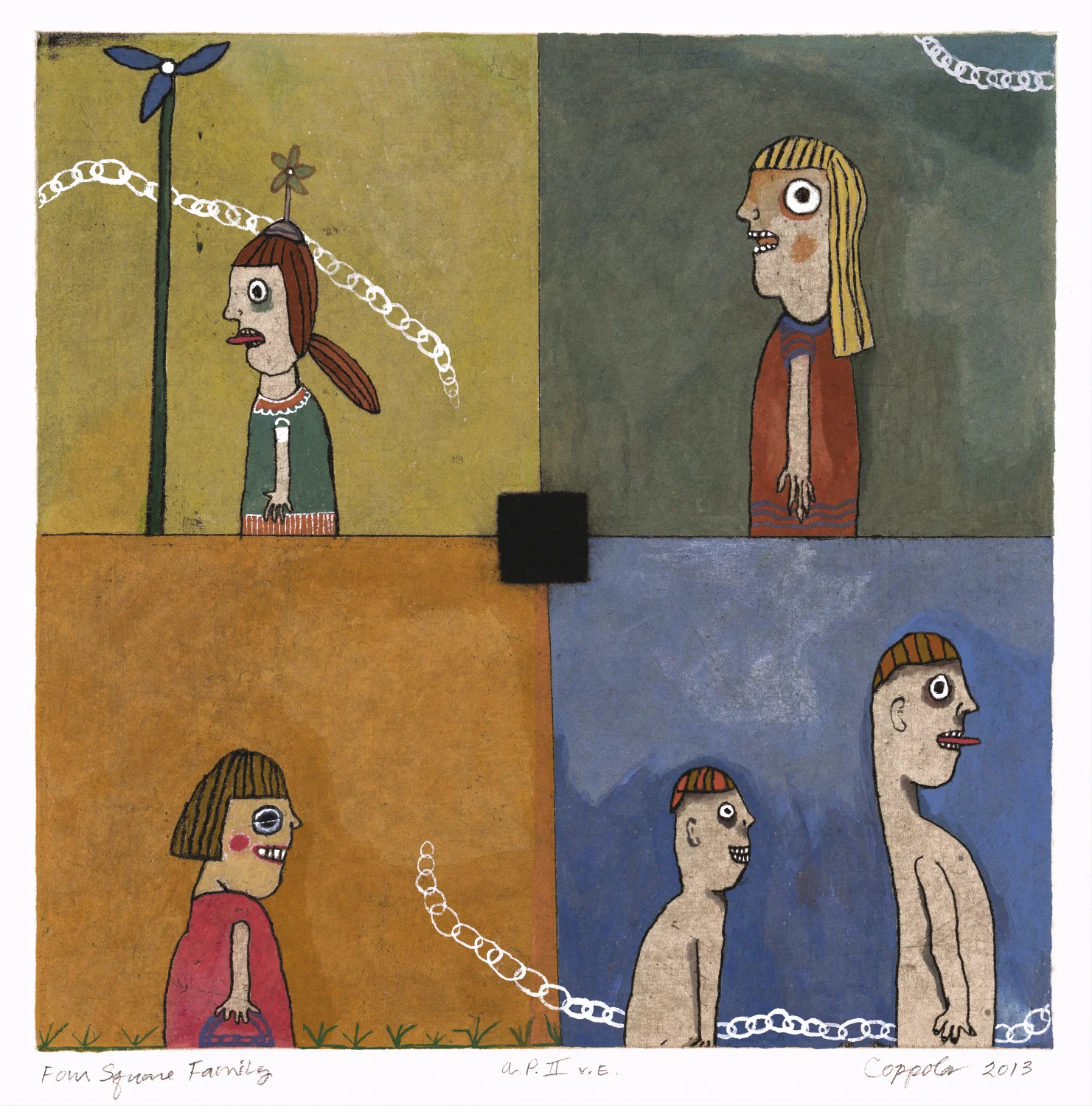 Four Square Family AP II 2013 Soft ground, mezzotint, chine collé , gouache Image 12” x 12” on 22.5” x 21.75” Copperplate Edition 12, varied