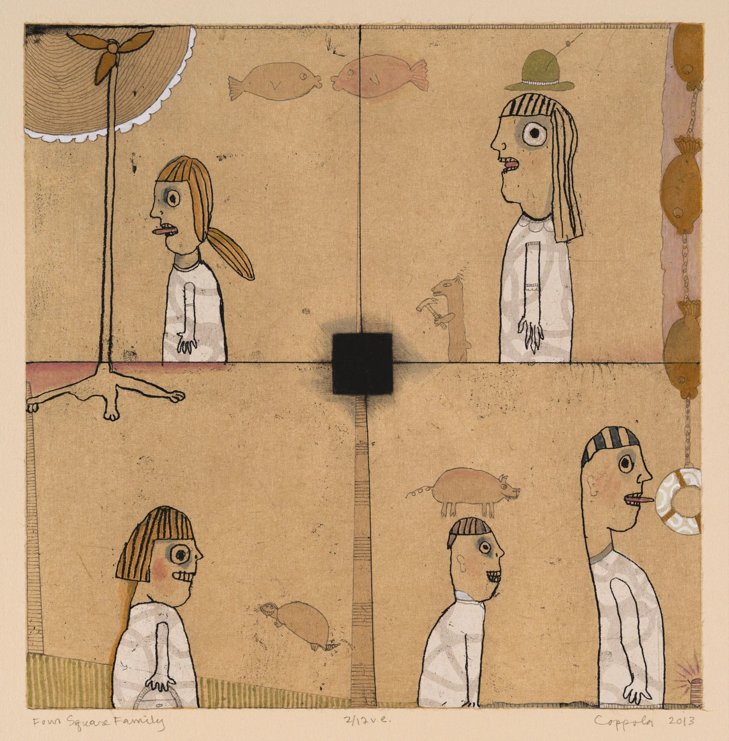 Four Square Family 2 2013 Soft ground, mezzotint, chine collé , hand work Image 12” x 12” on 22.5” x 21.75” BFK cream Edition 12, varied