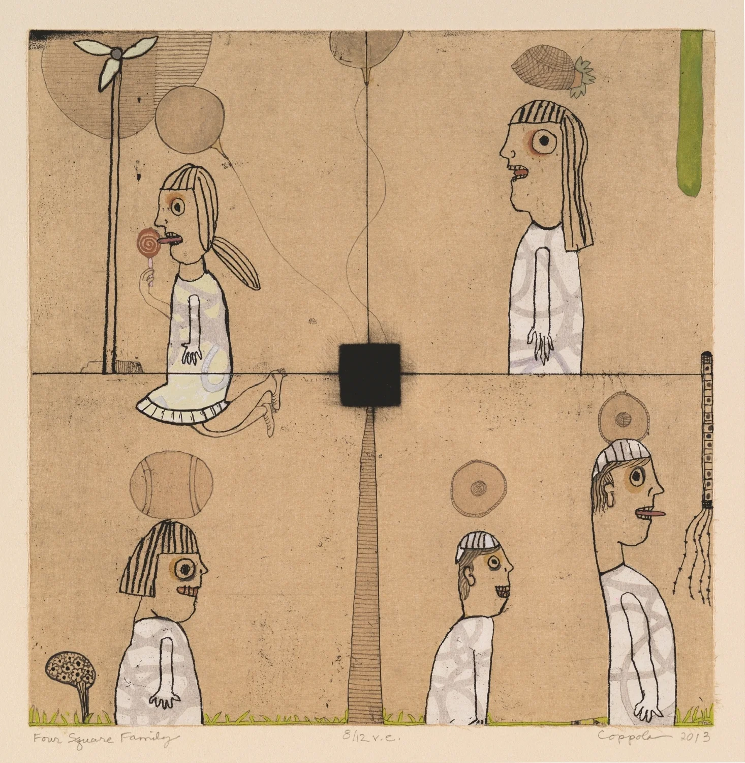 Four Square Family 8 2013 Soft ground, mezzotint, chine collé , hand work Image 12” x 12” on 22.5” x 21.75” BFK cream Edition 12, varied