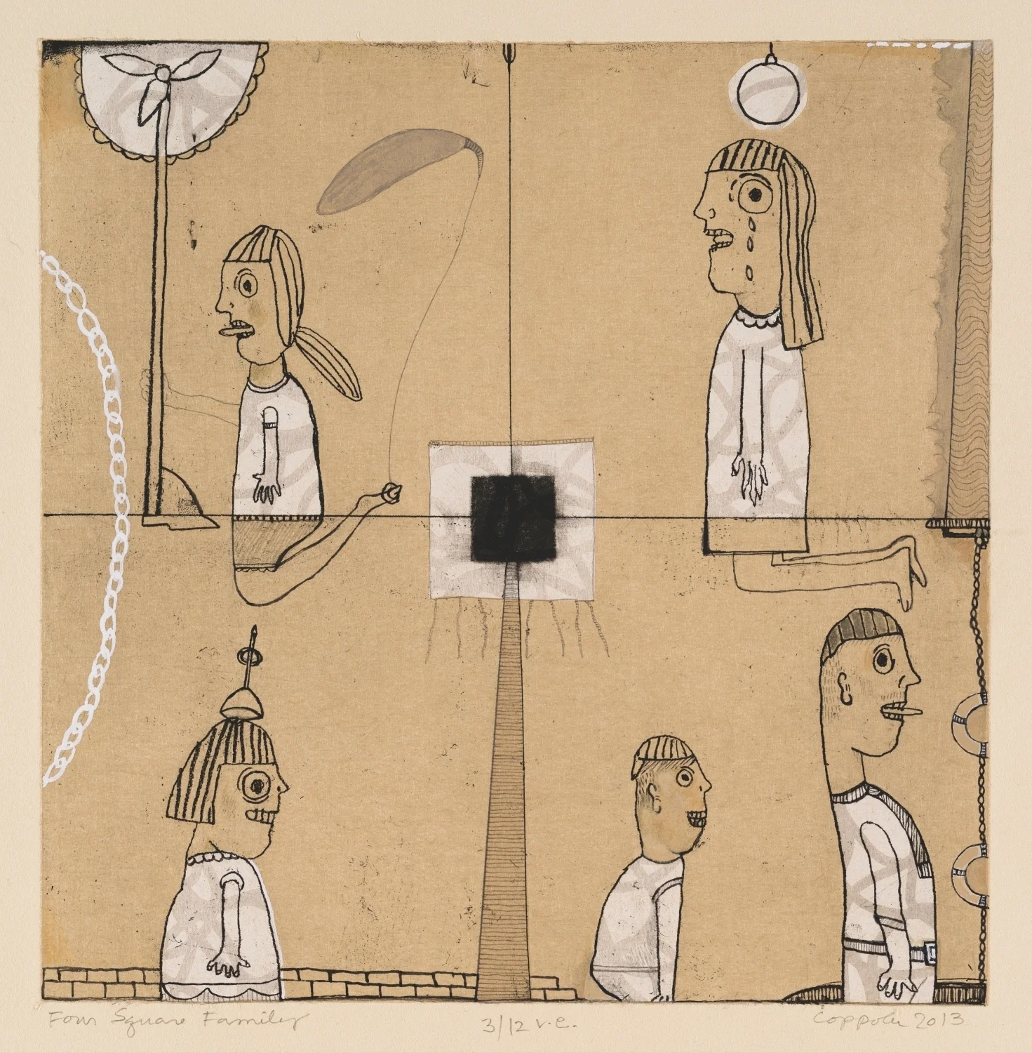 Four Square Family 3 2013 Soft ground, mezzotint, chine collé , hand work Image 12” x 12” on 22.5” x 21.75” BFK cream Edition 12, varied
