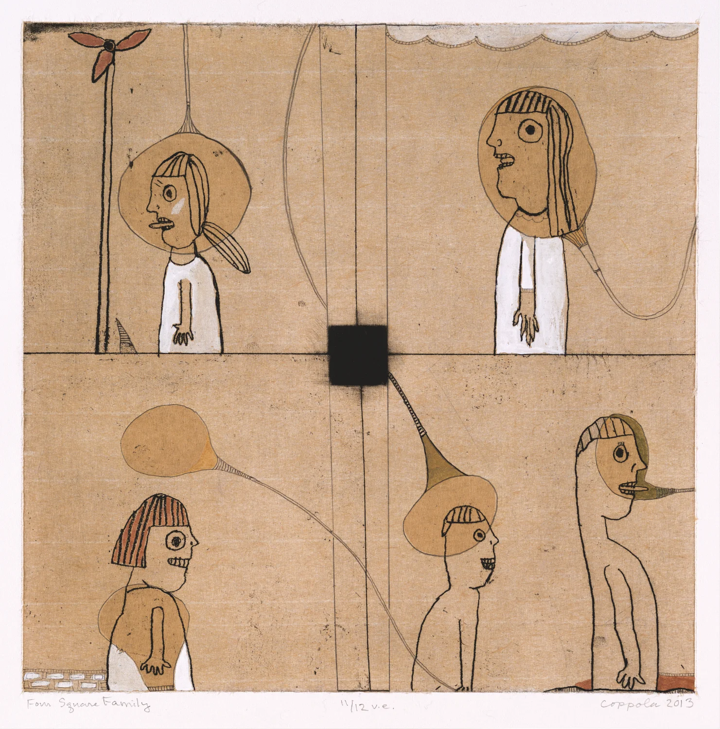 Four Square Family 11 2013 Soft ground, mezzotint, chine collé , hand work Image 12” x 12” on 22.5” x 21.75” Rosaspina Edition 12, varied