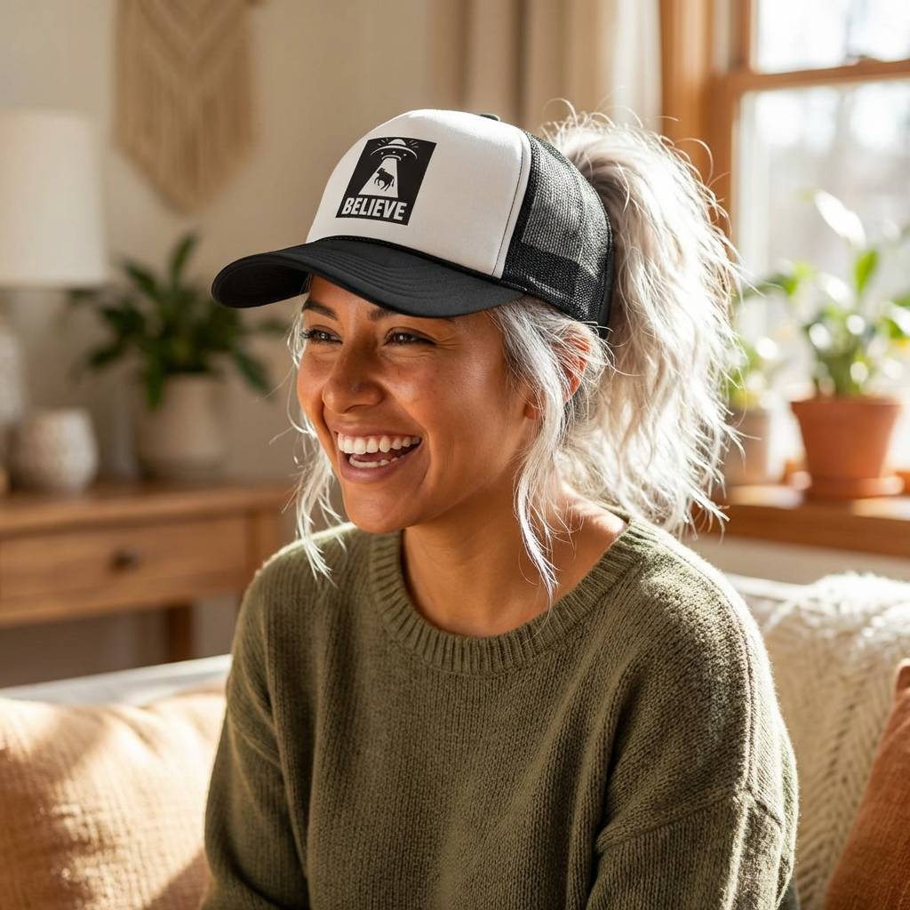 Believe UFO Cow Trucker Cap - Retro Alien Abduction Mesh Hat