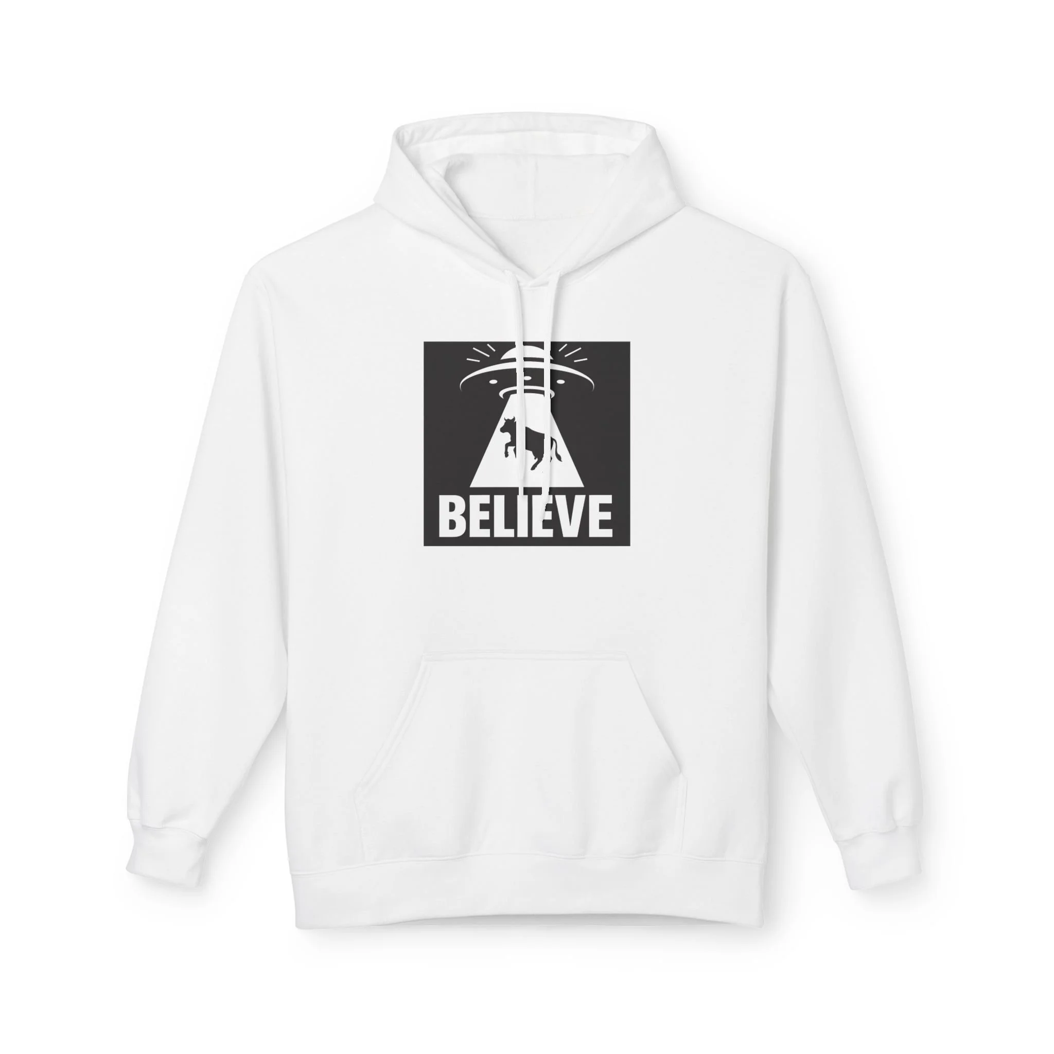 Believe UFO Cow Hoodie — Alien Abduction Graphic Pullover