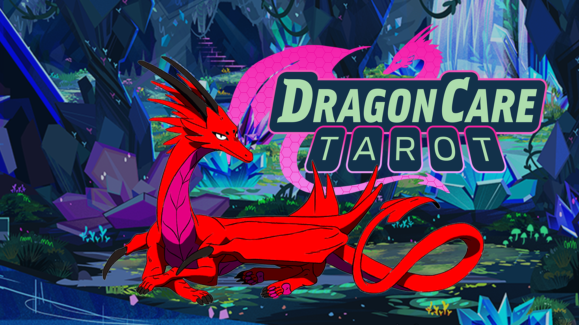 The key art for dragon care tarot, a relaxing game that is calm and creative and a top game on Steam. There is a red dragon in a crystal cave.