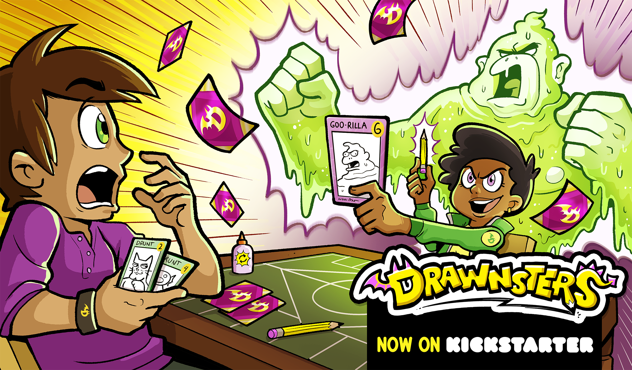The key art for Drawnsters, a hilarious party game by Drawfee!