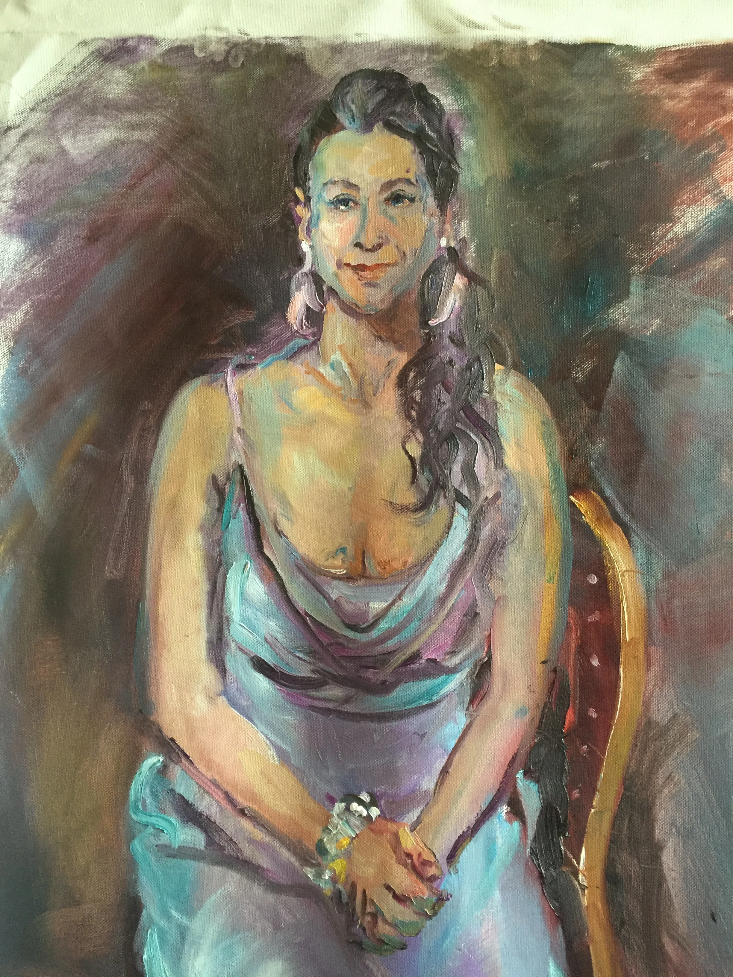 model in a shot-silk dress (detail) 