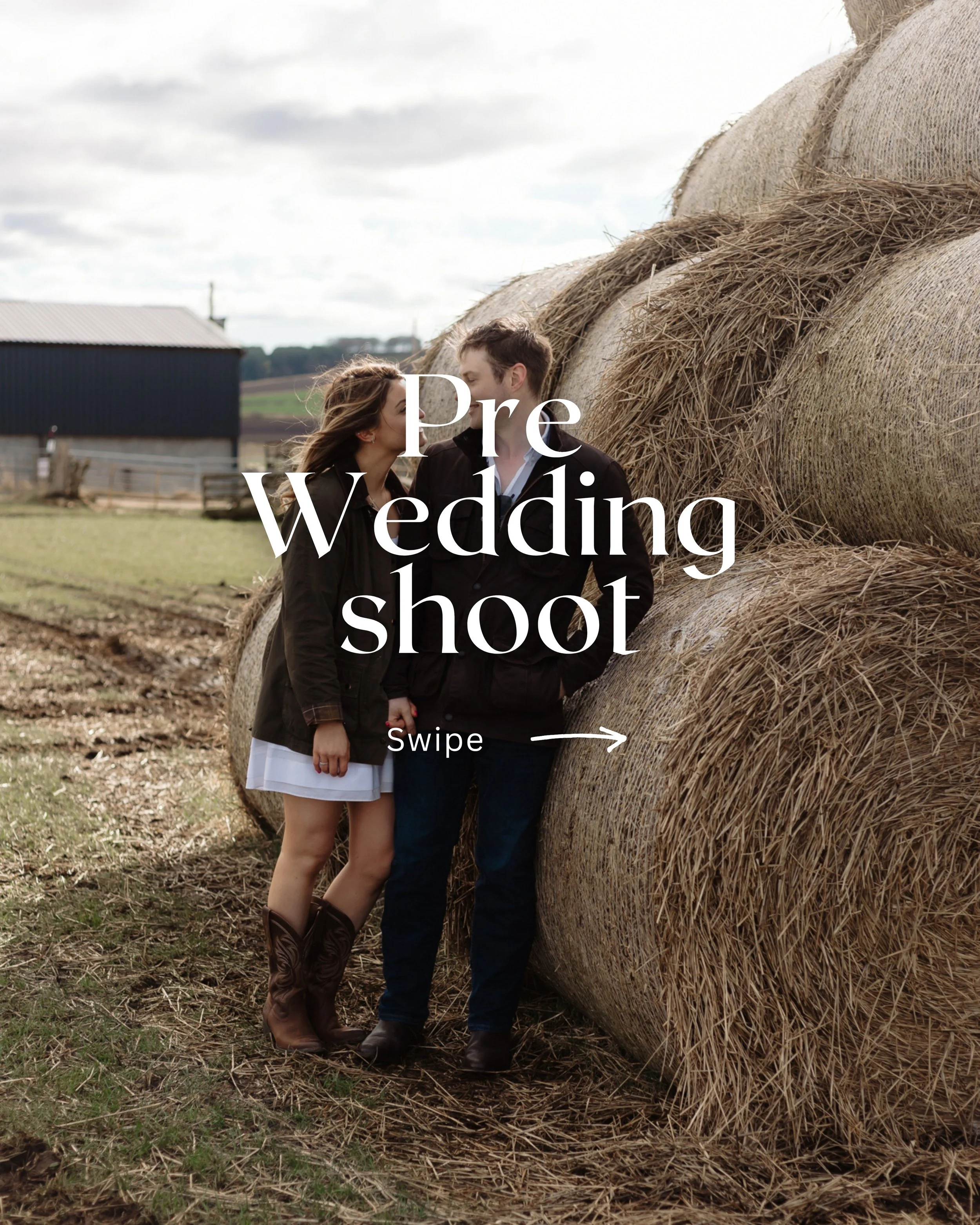 Pre wedding shoot in Aberdeenshire Scotland couple standing by hay bales natural relaxed engagement photography