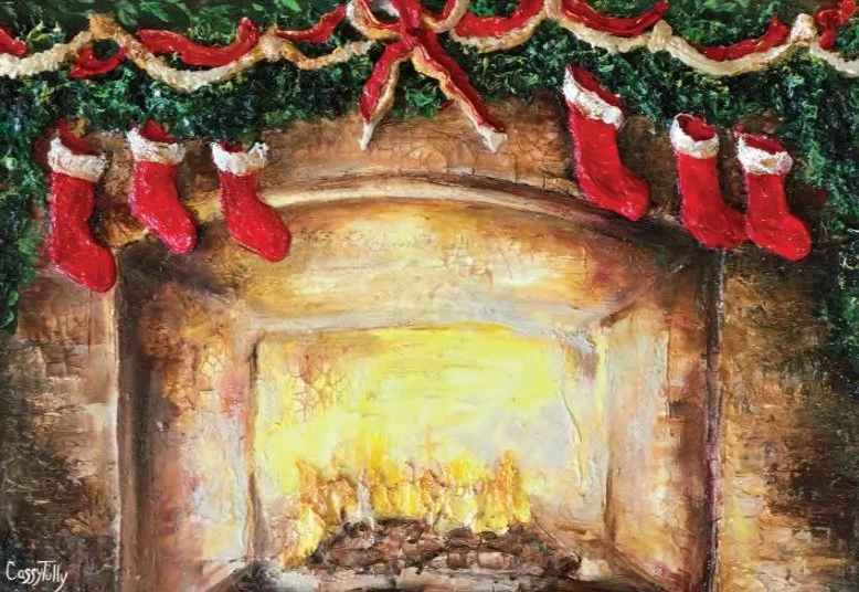 Cassy Tully Anticipation Christmas Fireplace Decorated with Stockings Note Card - Holiday Red Green Art Greeting Cards