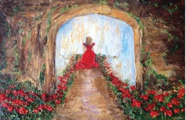 Red Dress journey home Cassy Tully whimsical painting