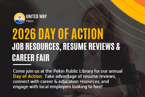 Poster for the 2026 Day of Action event organized by United Way Pekin, promoting job resources, resume reviews, and a career fair at Pekin Public Library.
