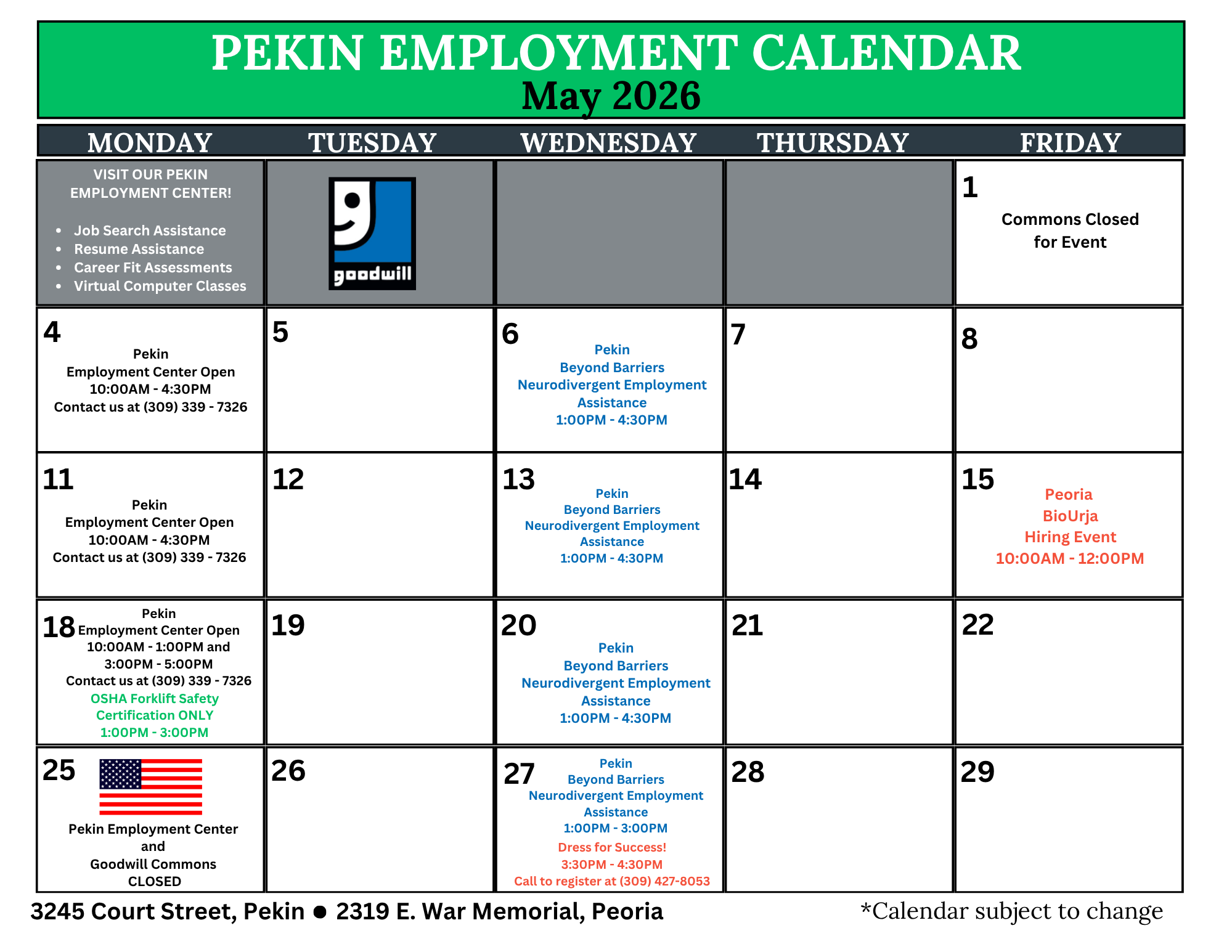 A calendar for the Pekin Employment Center in May 2026 with scheduled events, closure notices, and contact information, including specific dates for job assistance, neurodivergent employment programs, safety certifications, and hiring events.