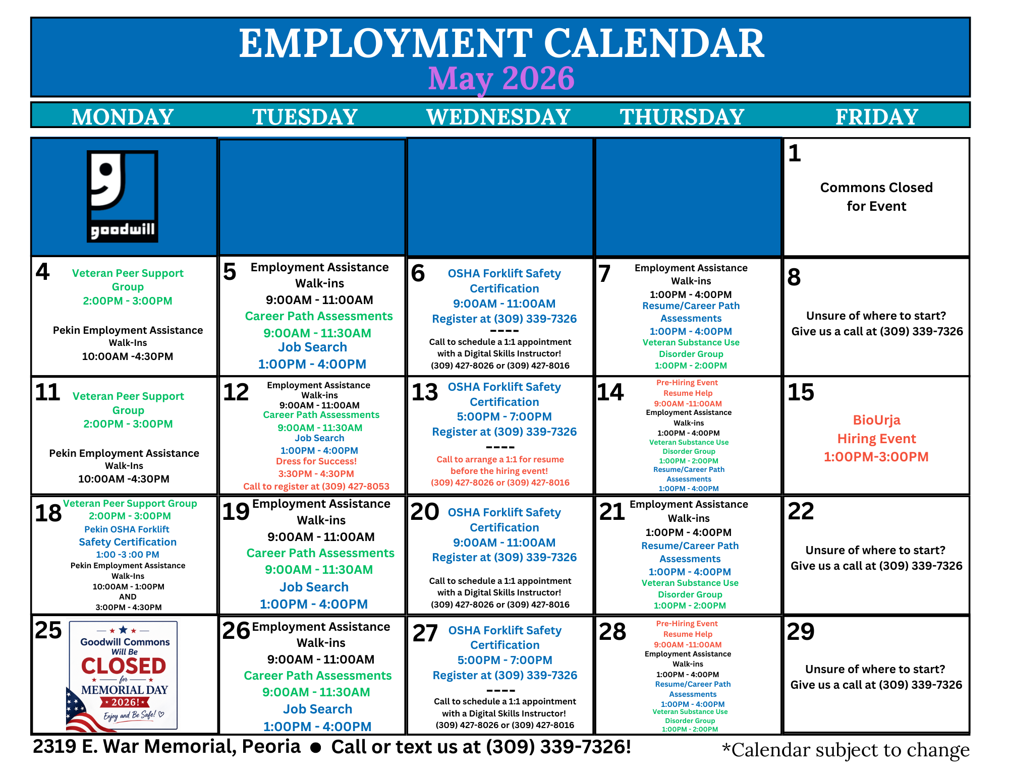 Monthly employment calendar for May 2026 from a local employment agency, including events such as walk-in employment assistance, OSHA forklift safety certification, veteran support groups, and job searches, with specific times and contact information.