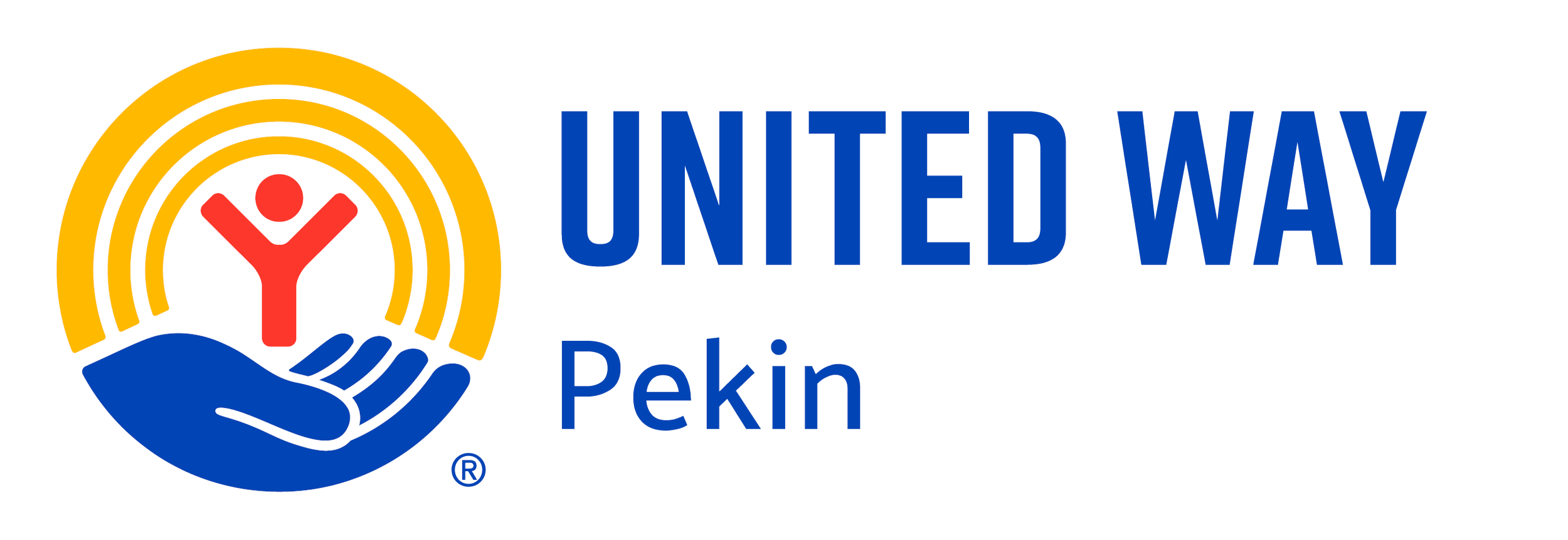 United Way logo featuring a hand holding a stylized human figure with rising rainbow-colored lines, with the text "United Way Pekin" to the right.