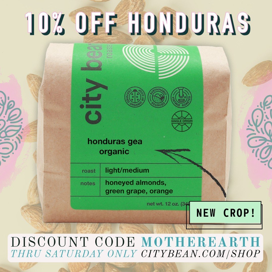 Use code MOTHEREARTH for 10% off our fresh Honduras, thru Sat only - Link in bio 🌰⁠🍇🍊⁠
⁠
A delicious new crop of this staple City Bean coffee just arrived! Expect a mellow cup of nutty notes and light fruity brightness that you can enjoy morning a