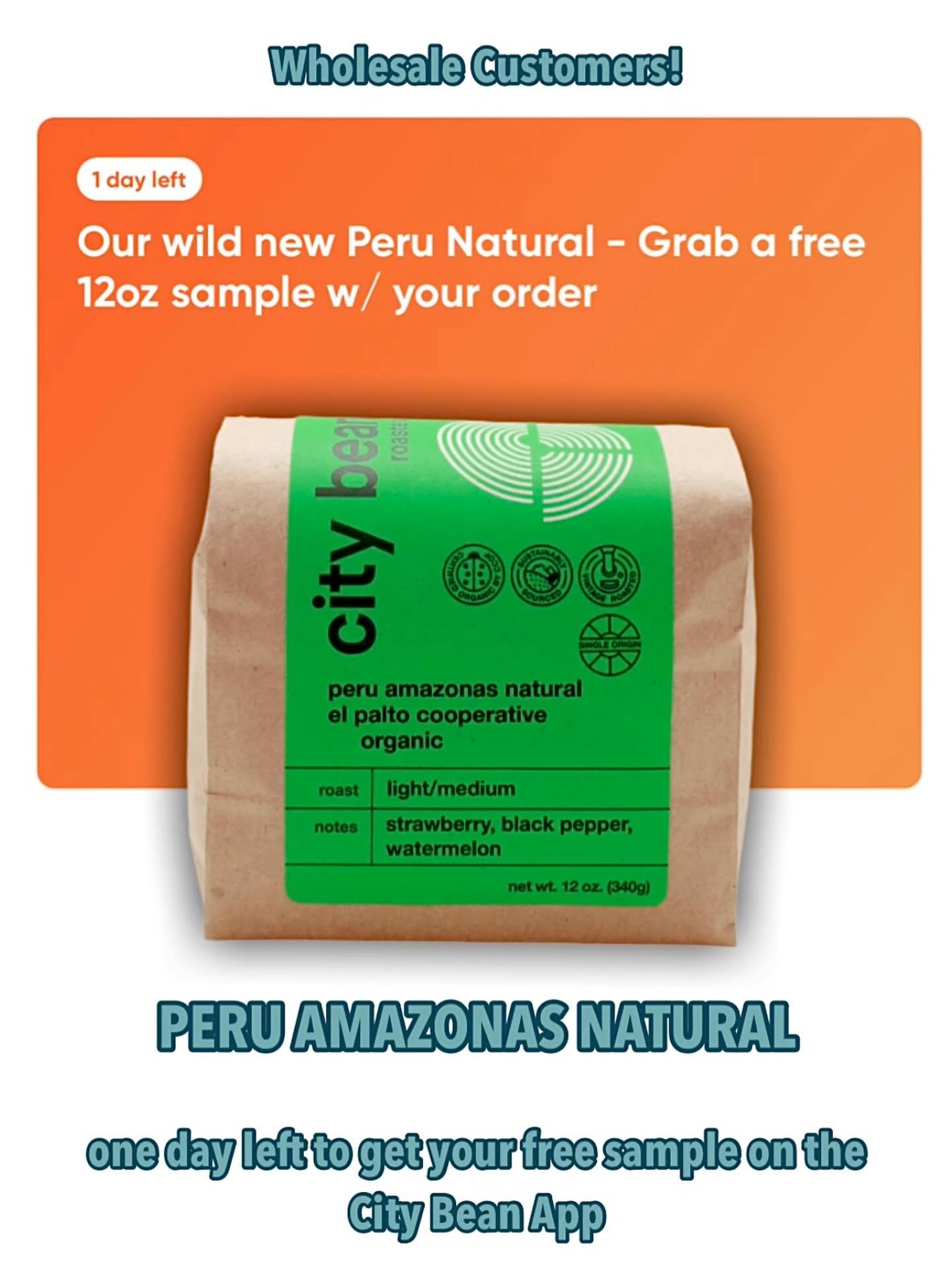 Calling all wholesale customers! Are you a City Bean Roasters App Partner? There&rsquo;s ONE DAY left to get your FREE 12oz sample of our NEW Peru Amazonas Natural Coffee with your order. 

Not a City Bean App Partner yet, but interested in becoming 