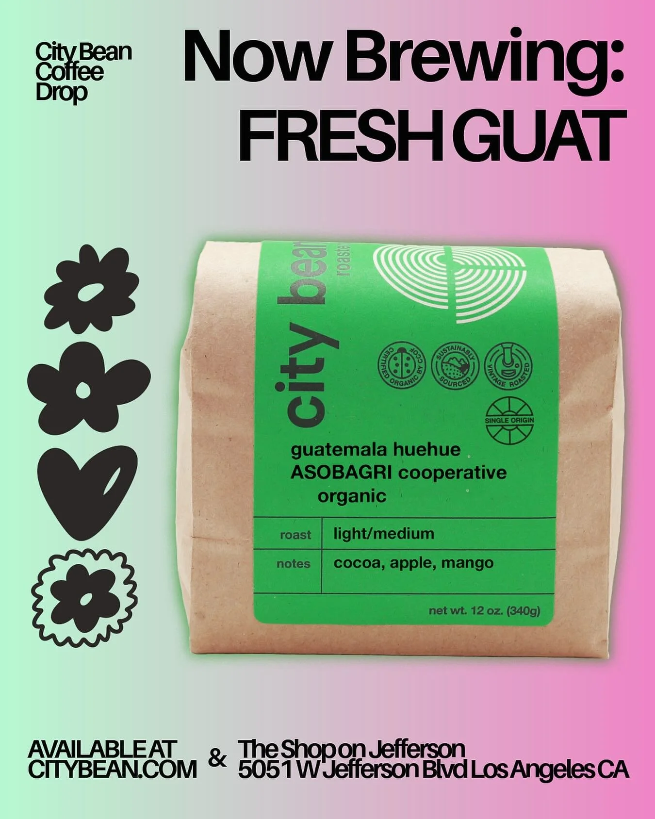 Coffee drop! Our fresh Guatemala is now brewing. You can get it now at citybean.com or at The Shop at City Bean (5051 W Jefferson Blvd)