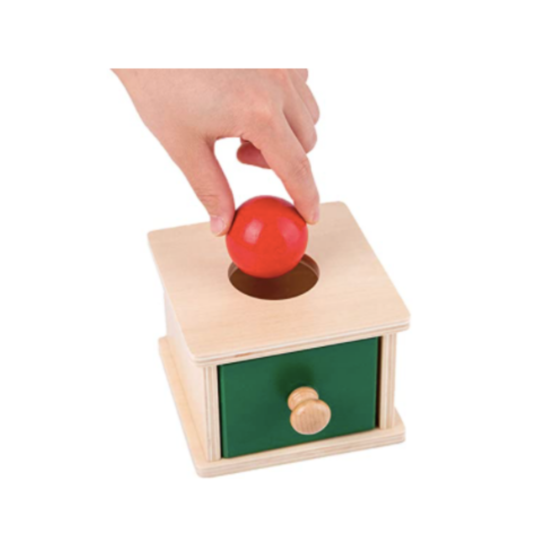 Wooden Object Permanence Box with Drawer and Wood Ball