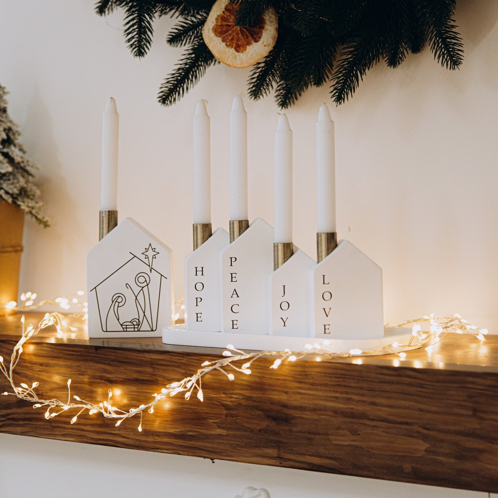 White Wooden Nativity Advent Candle Holders