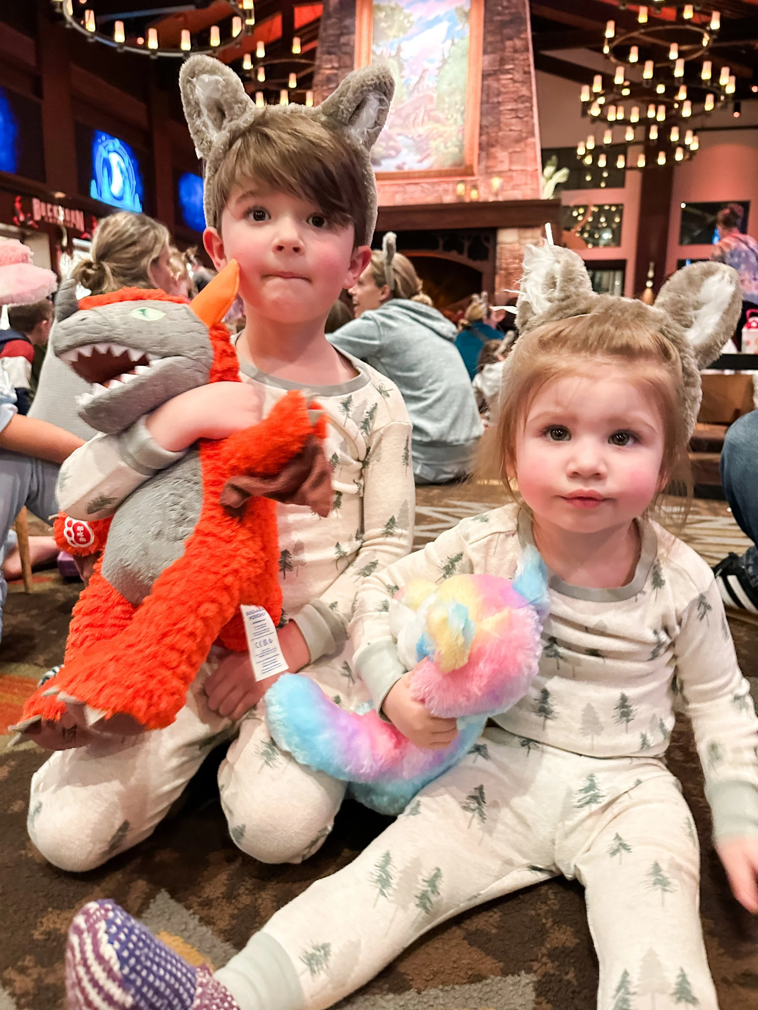  The kids with their new stuffies, ready for the special Story Time in the lobby before bed! 
