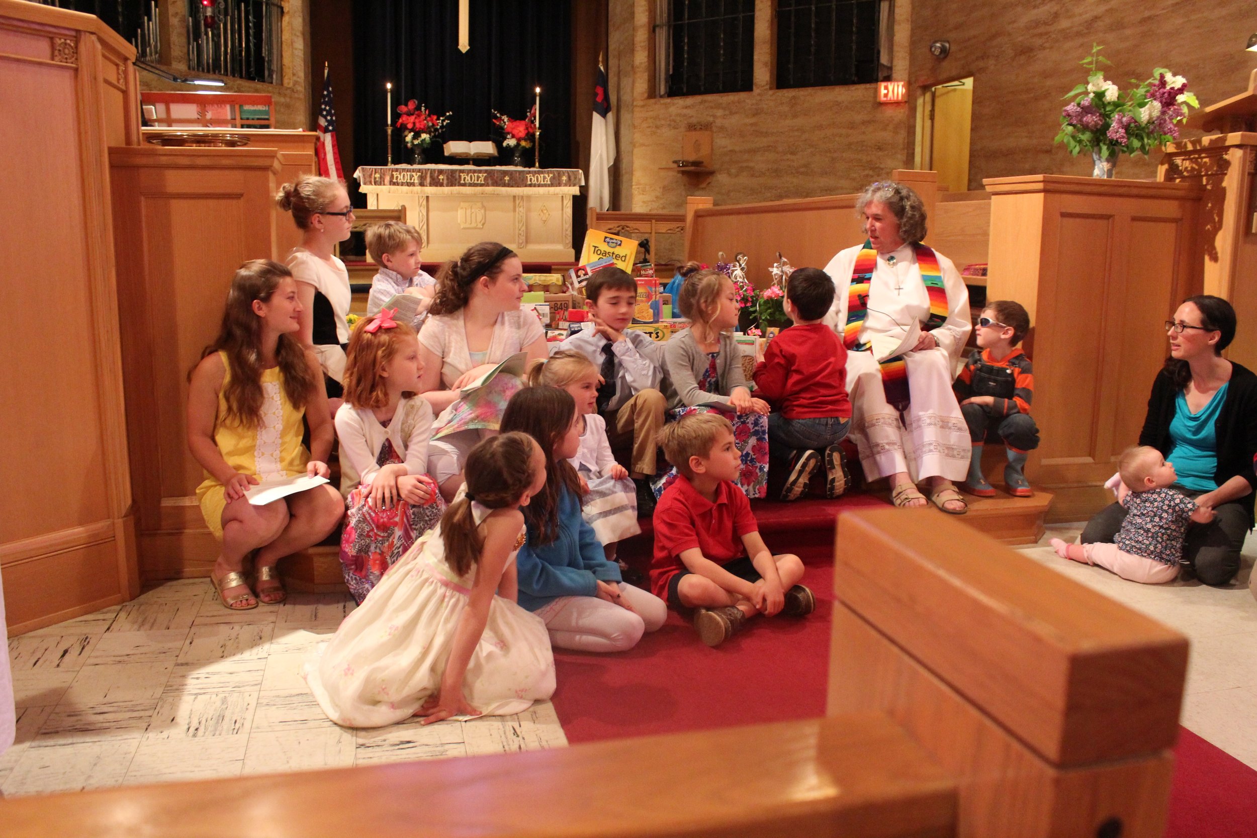 The Sunday School gathered child friendly foods that kids like to eat for the Scarborough School System Back Pack Program Memorial Day Vacation supplies.