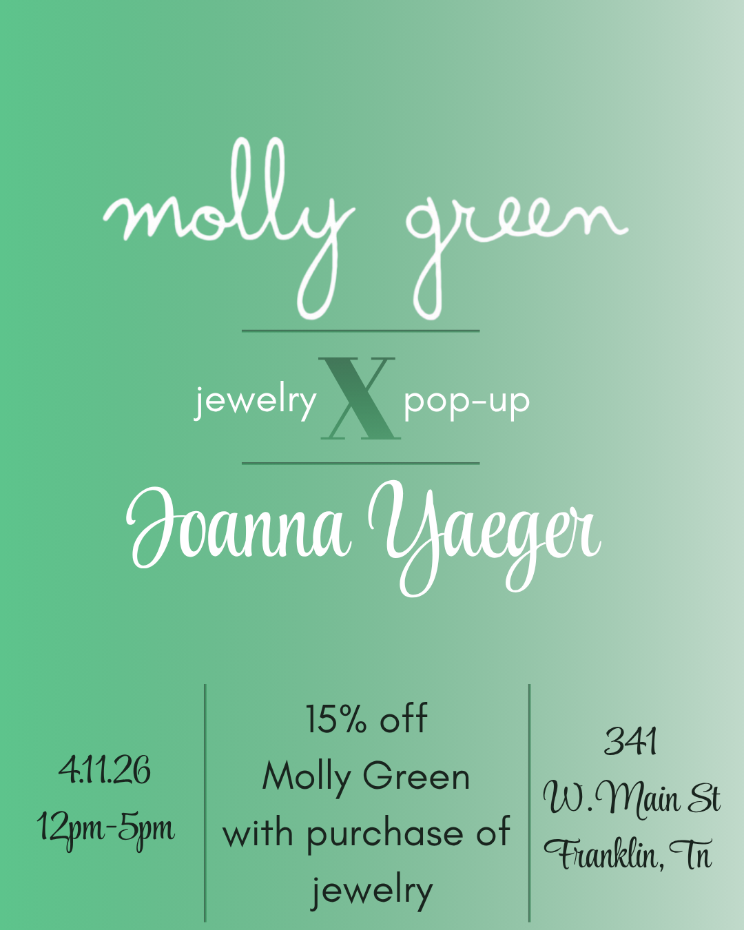 Stay Lovely jewelry  pop up- Molly Green Franklin