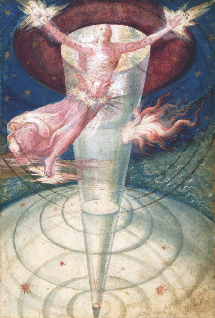 1573: Now materialized in patriarchal glory, the omnipotent creator retains a triangular form. Belted by stars, he conjures the firmament into existence. Below, the claylike vessel seen emerging in the first painting already forms the crystalline spheres of a Ptolemaic universe, with the Earth at their center. Credit: Biblioteca Nacional de España.