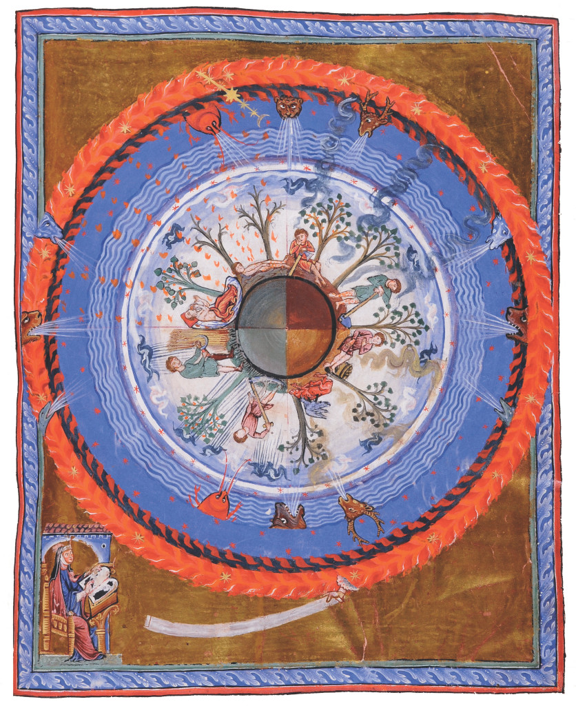 1210-30: In this illumination from a late work by the prolific medieval visionary writer, composer, and proto-feminist Hildegard von Bingen, the four seasons of a spherical Earth are represented. Although produced after her death in 1179, the illustration is thought to follow her original design. Knowledge of the spherical Earth dates back to the Greek philosophers of about the sixth century b.c., with Pythagoras said to have been among the first to describe it. By the eighth century a.d. and the early medieval period, the shape of the planet was well established. Credit: State Library of Lucca.
