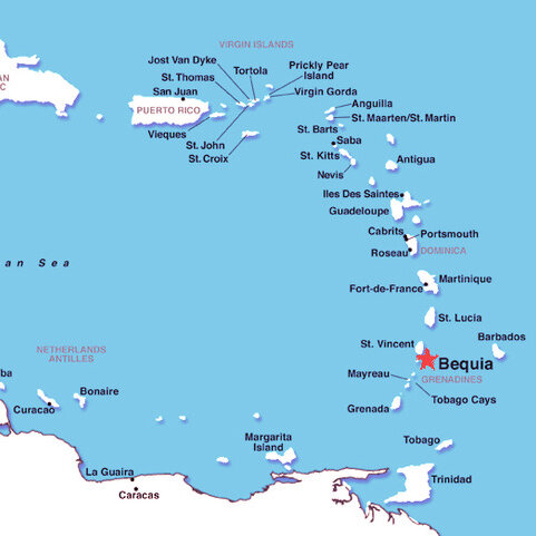 A map showing where Bequia is located