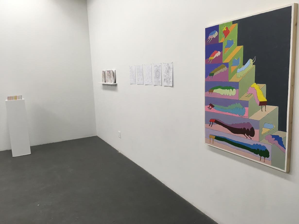 Page 14, Rainbow Staircase , as a painting (acrylic on panel, 34” x 44” installed at Dynamo Arts Society, 2018.