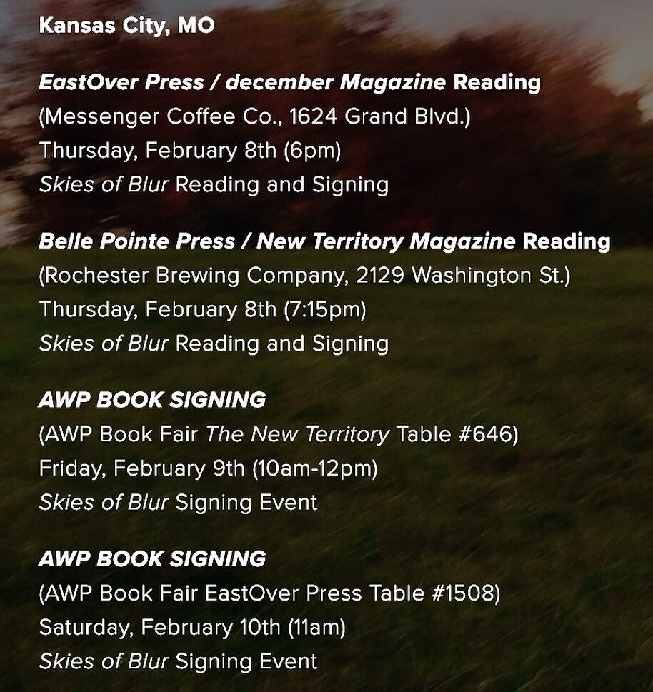 Friends, if you&rsquo;re going to be at AWP next month&mdash;or you happen to live in the Kansas City area&mdash;here&rsquo;s a photo of my schedule with dates and times that you can save to your calendar. I&rsquo;d love to see you, and your support 