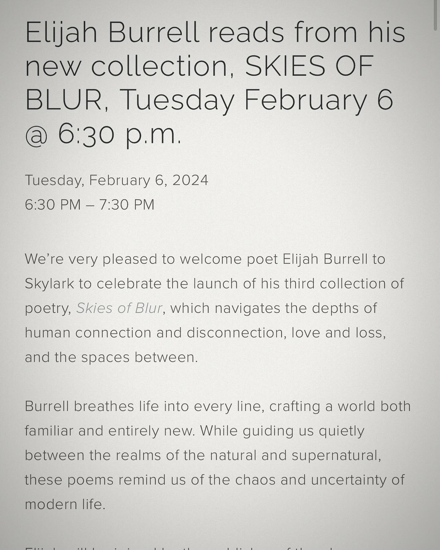 Come on out for the Feb 6th Reading and SKIES OF BLUR book launch at Skylark Bookshop in Columbia, MO. Starts @ 6:30pm!