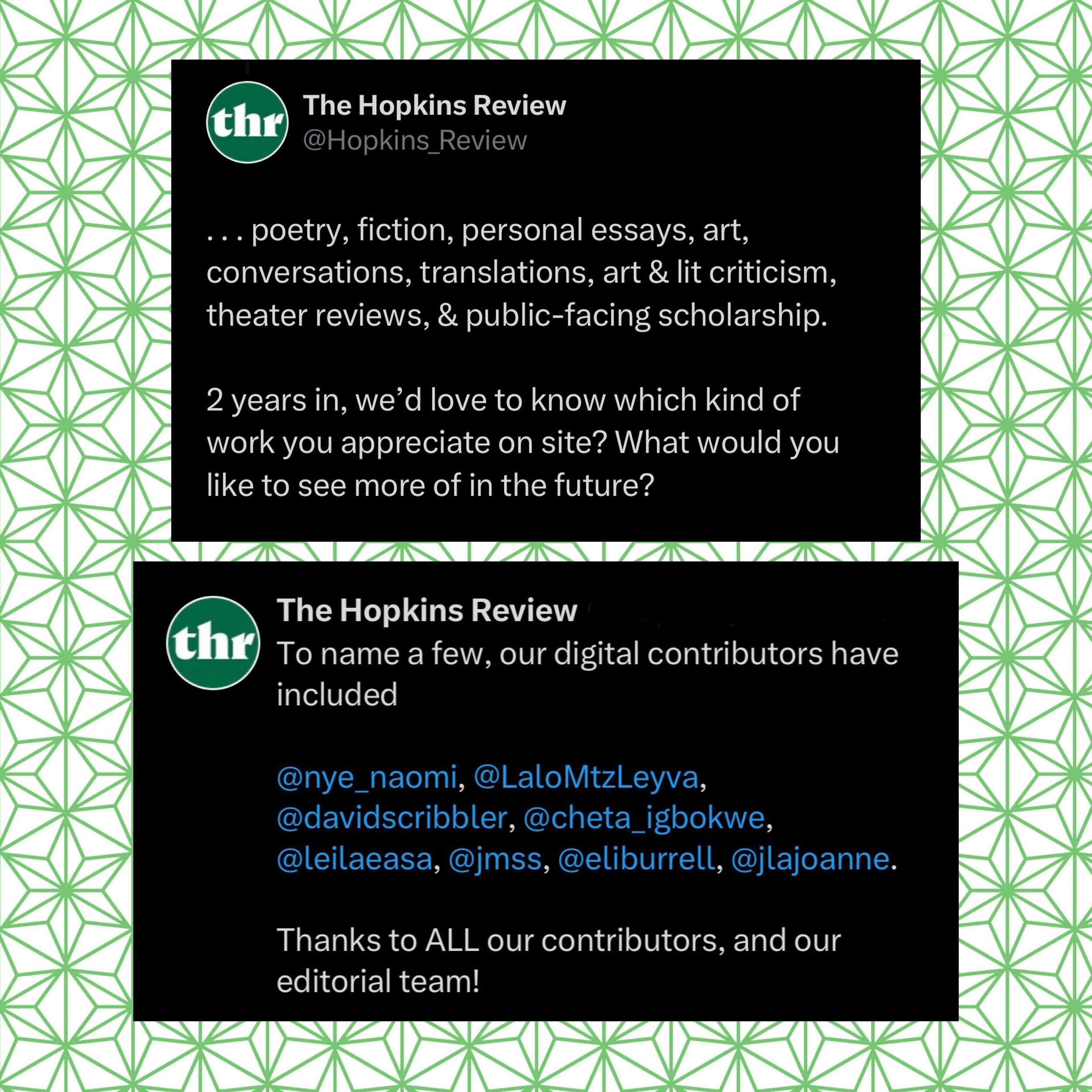 Happy birthday to @thehopkinsreview! Thank you to their wonderful editorial team&mdash;especially the singular  @doramalech&mdash;for their good support of my work over the years. Happy to have been part of their initial run of open-access web featur