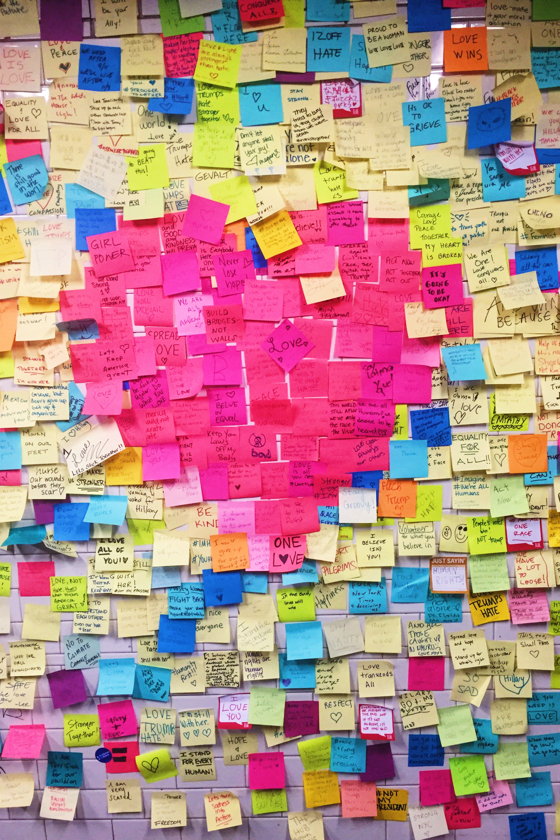  November 2016: New Yorkers write post-it notes of encouragement at Union Square station following the election of Donald Trump. 