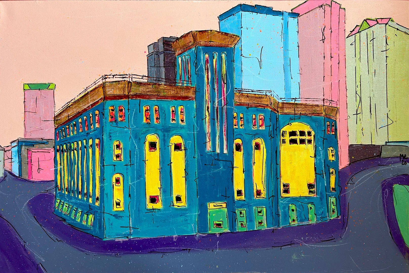 "Downtown Dynamo," 24' x 36", mixed media on canvas
