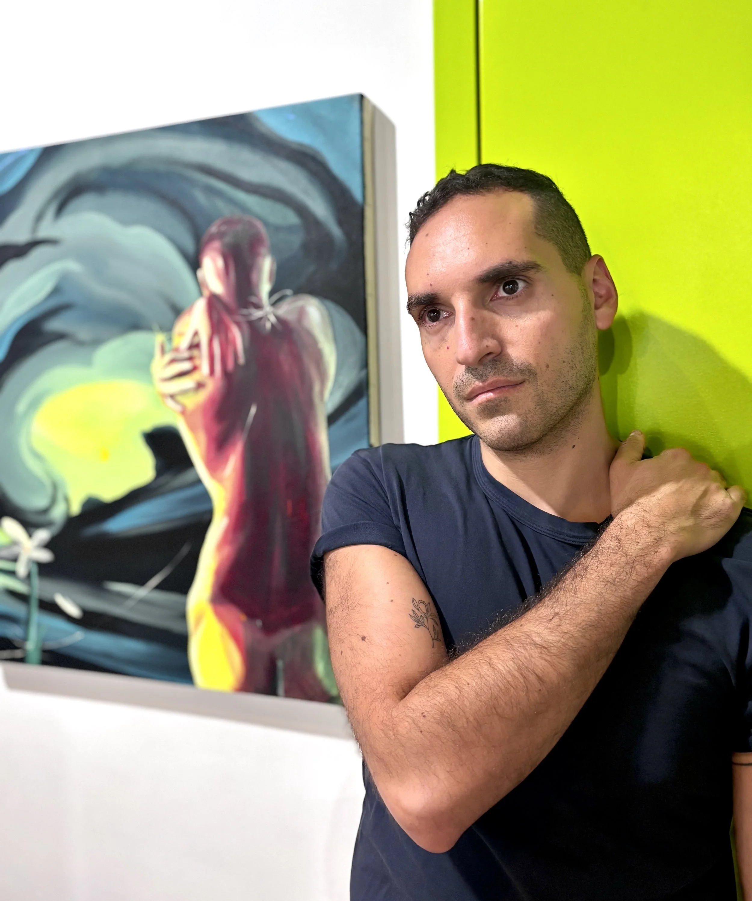 Artist Daniel Morowitz, in back: painting "Light Tether" 28" x 24"