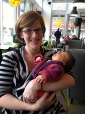 Me at the Green Bean with a 4-week-old Norah