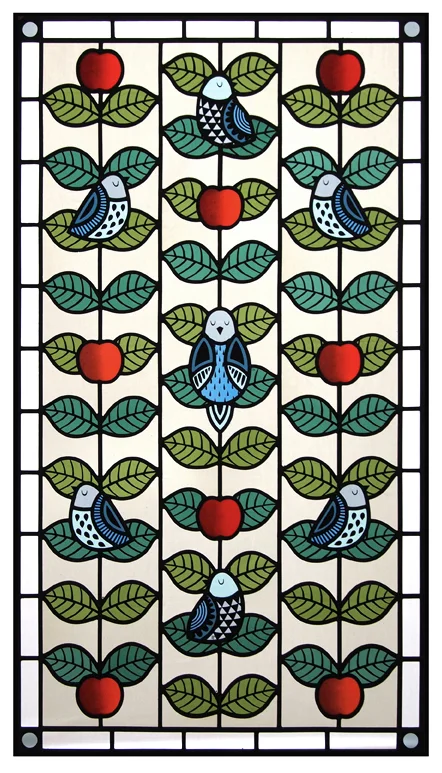 Contemporary Stained Glass Front Door Panel - Birds & Apples