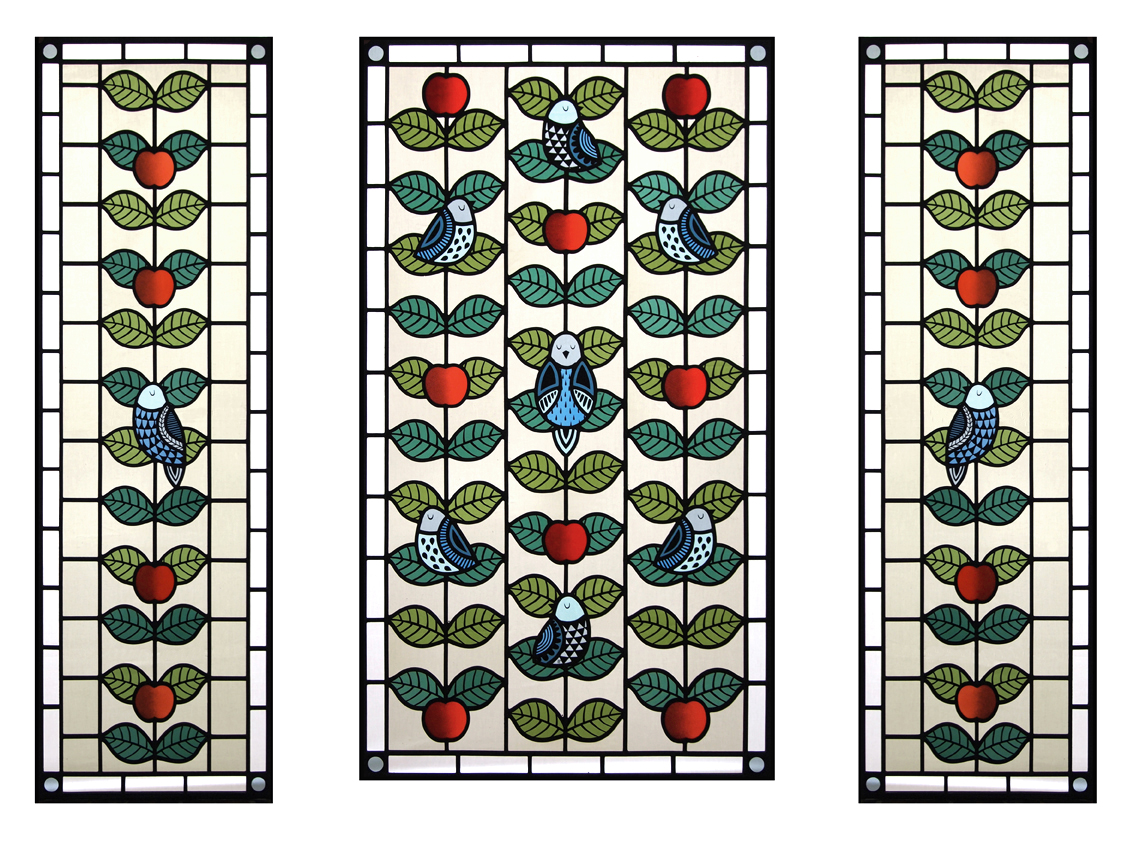 CONTEMPORARY STAINED GLASS BIRDS & APPLES FLORA JAMIESON LR.jpg