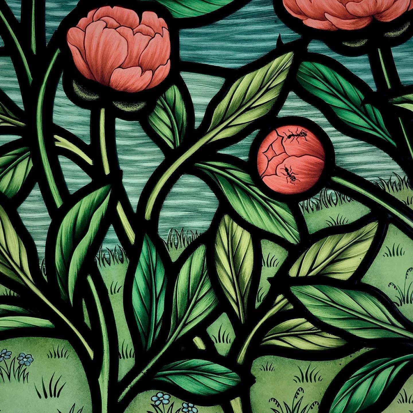 Continuing with some more details from last year&rsquo;s commissions, here&rsquo;s a tangle of peonies, a couple of secret ants and a few small blue flowers, although not sure if they&rsquo;re speedwell or forget-me-nots. They&rsquo;re both favourite