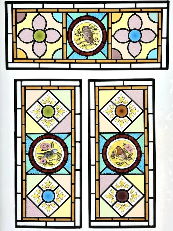 VICTORIAN STAINED GLASS FOR FRONT DOOR WITH HAND-PAINTED BIRD ROUNDELS