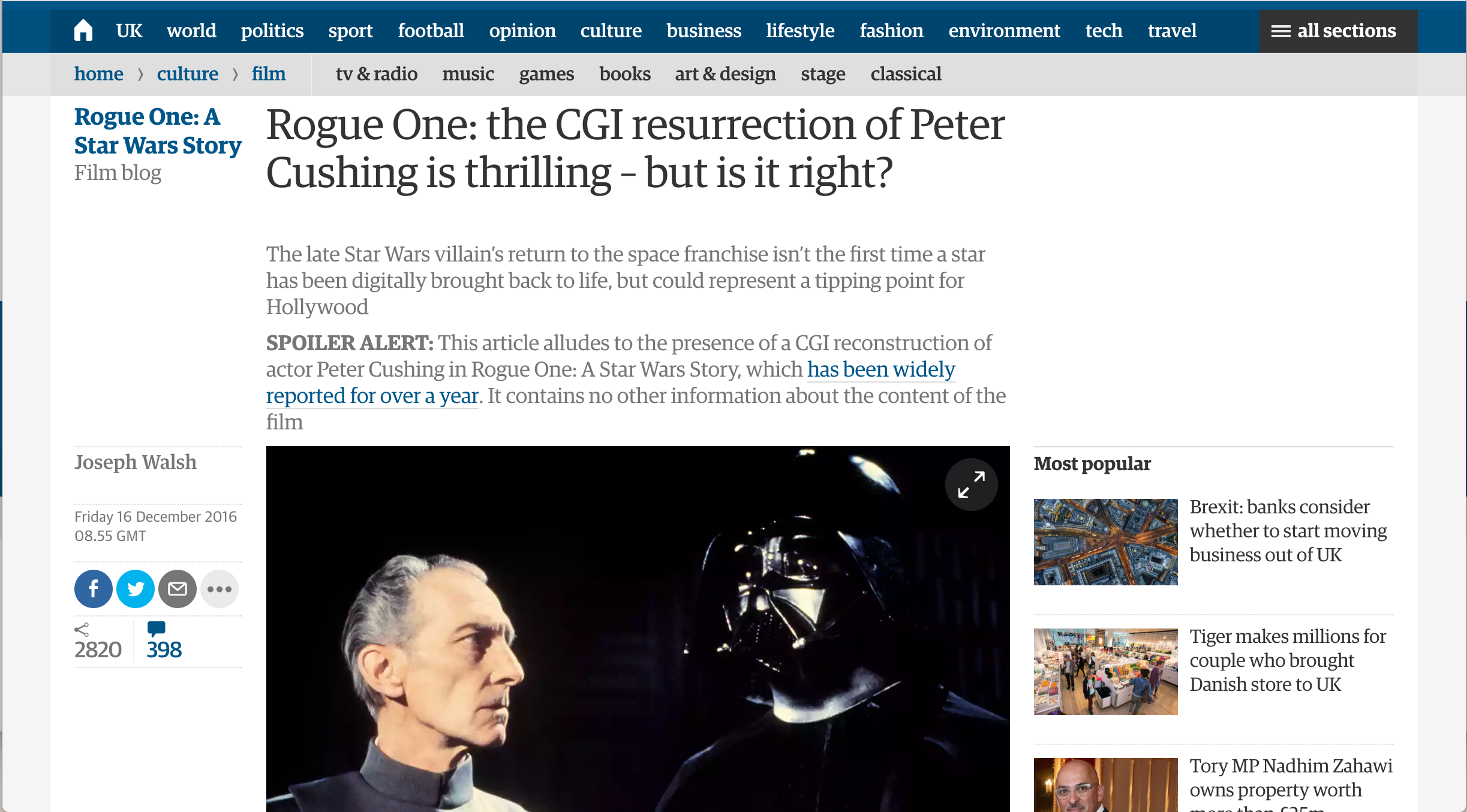 Rogue One: the CGI resurrection of Peter Cushing is thrilling – but is it right?